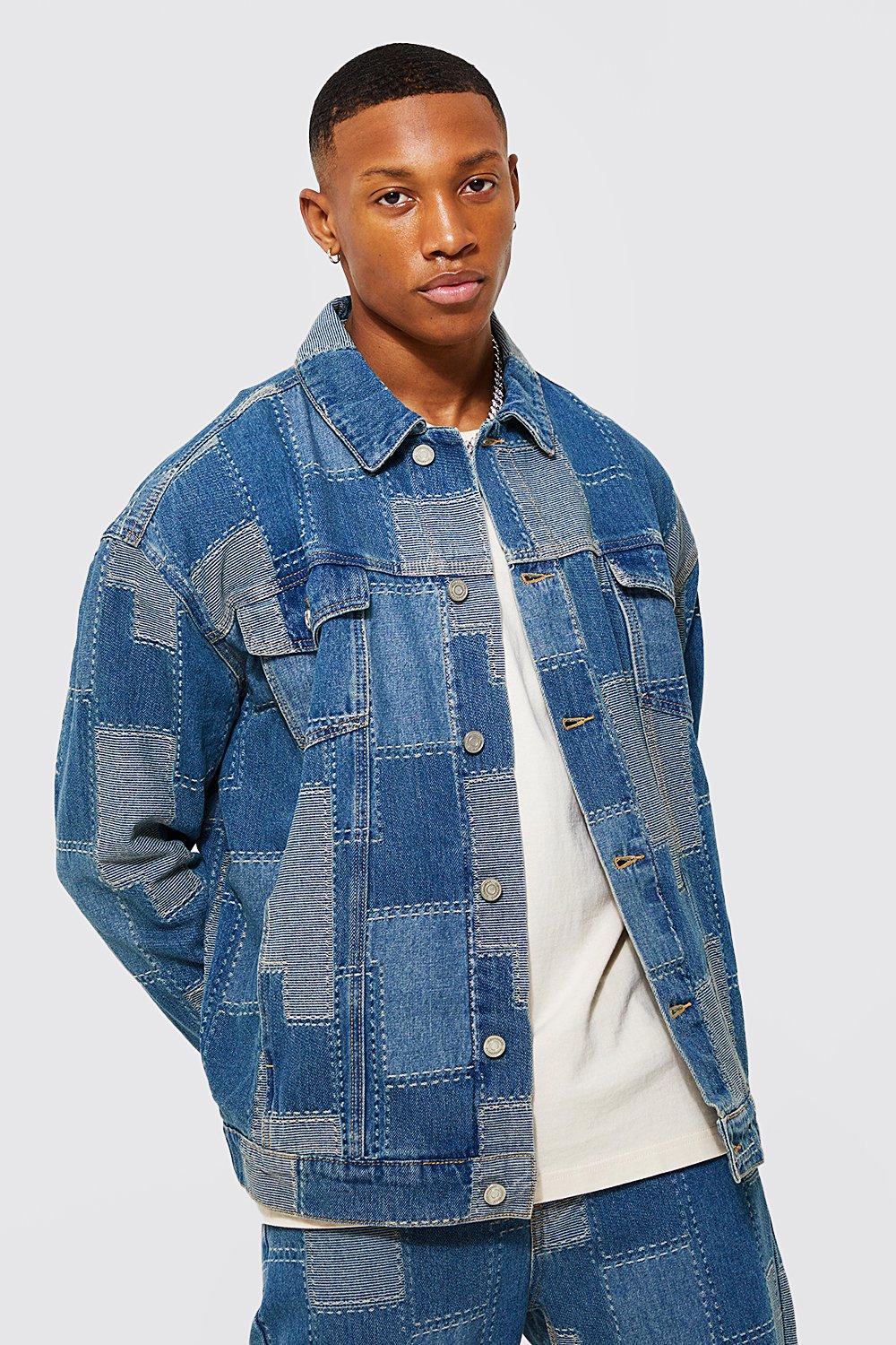 Oversized Patchwork Denim Jacket | boohooMAN USA